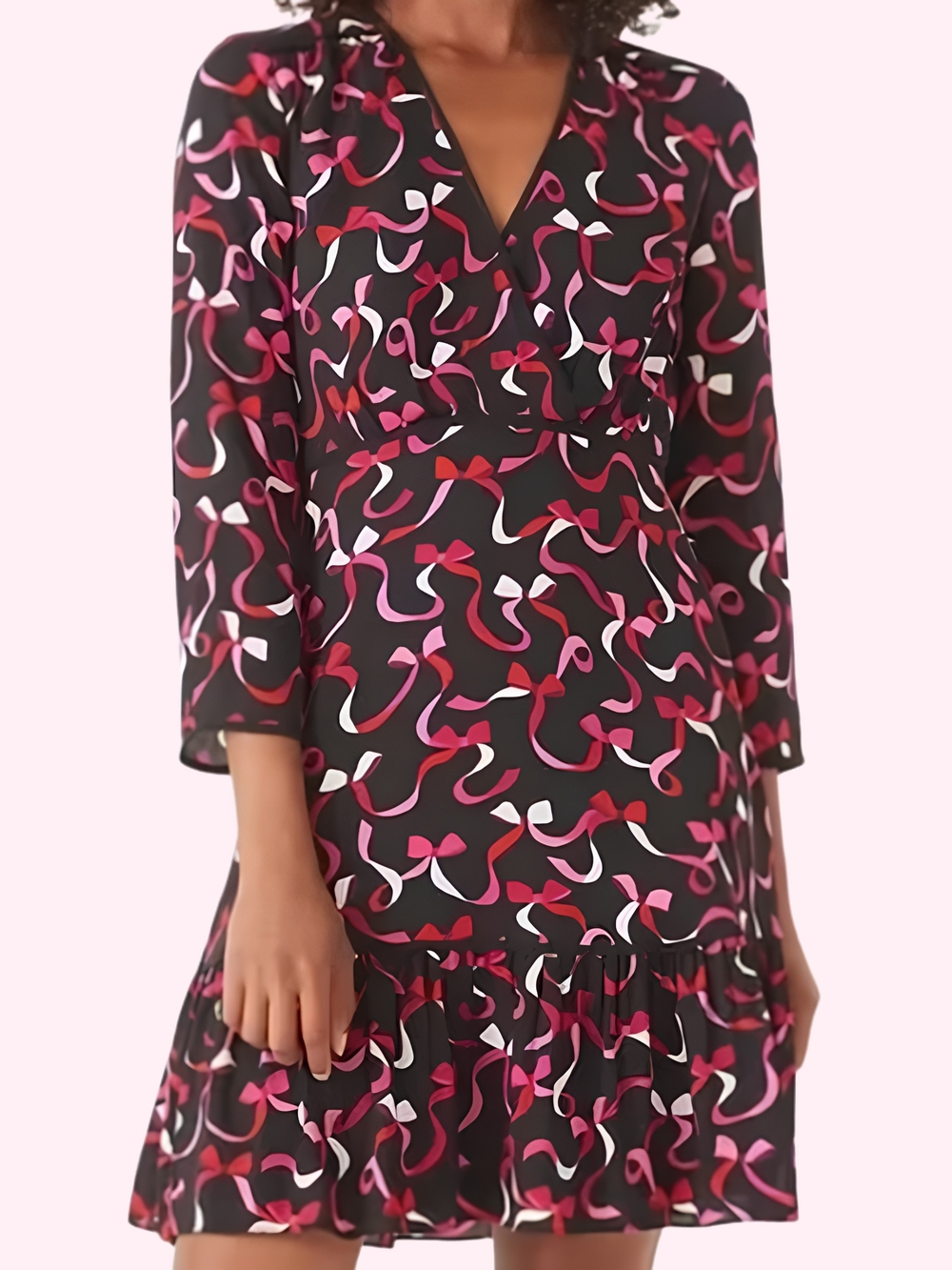 kate spade Black With Pink & Red Bows V-neck A-line Dress